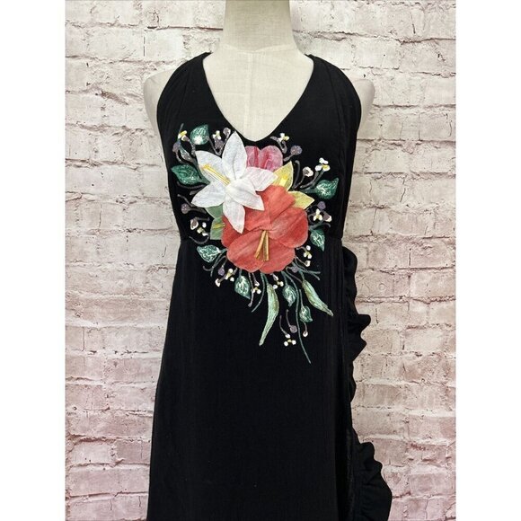 Ana Rosa Womens Halter Dress Handpainted Floral Art to Wear Black Cotton Size S - Picture 2 of 7
